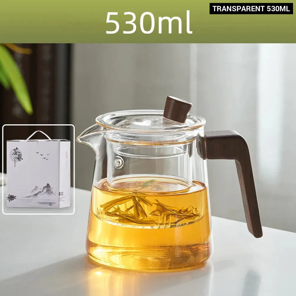 530ml Retro Glass Teapot Set with Wood Handle and Filter for Tea Ceremony