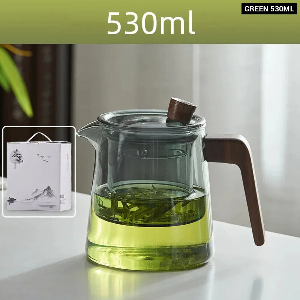 530ml Retro Glass Teapot Set with Wood Handle and Filter for Tea Ceremony