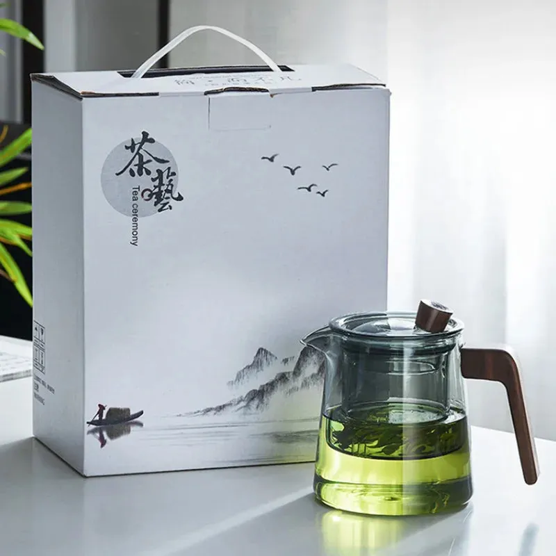 530ml Retro Glass Teapot Set with Wood Handle and Filter for Tea Ceremony