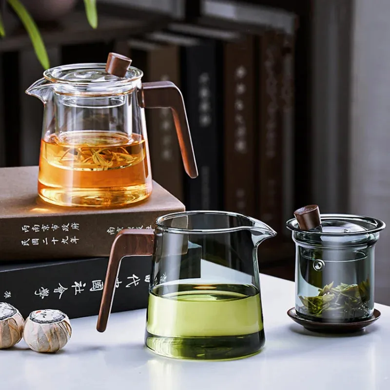 530ml Retro Glass Teapot Set with Wood Handle and Filter for Tea Ceremony