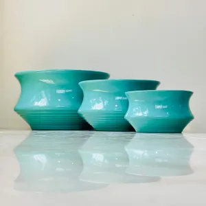 Glossy Aqua Blue Flared Ceramic Planter Set of 3 – Modern Ribbed Design