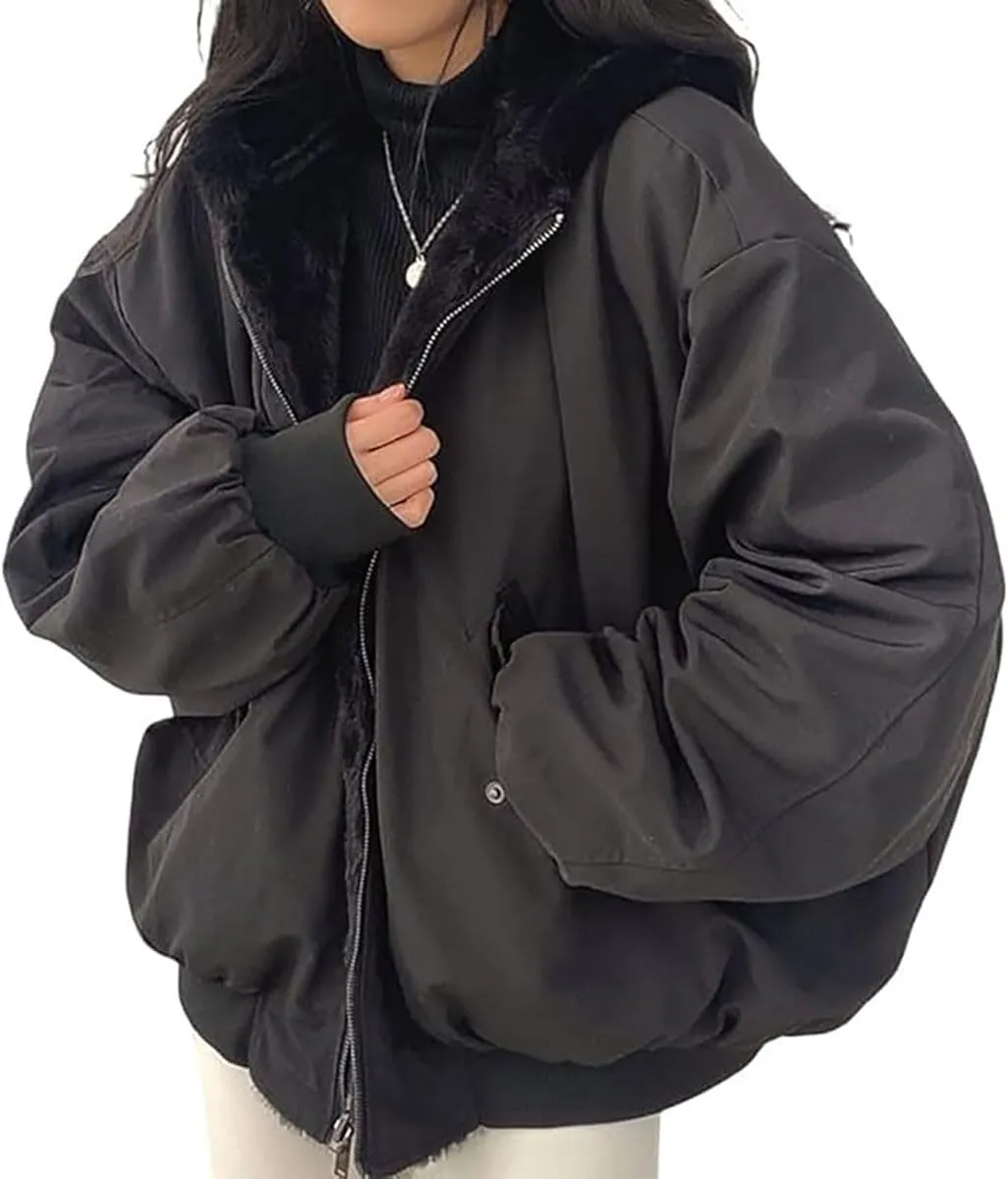 Winter Hoodies for Women Warm Reversible Jacket Oversized Fleece Short Coats Jackets